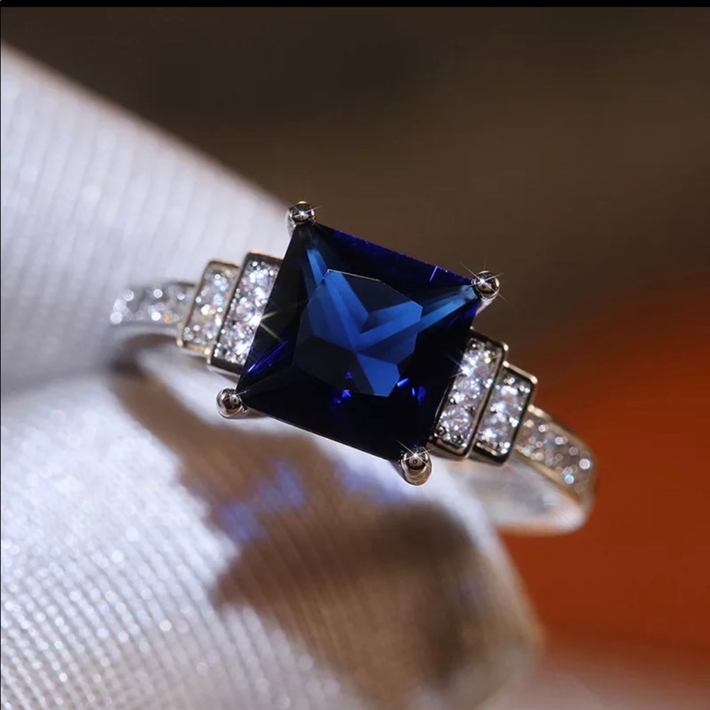 Royal Blue Princess-Cut CZ Ring